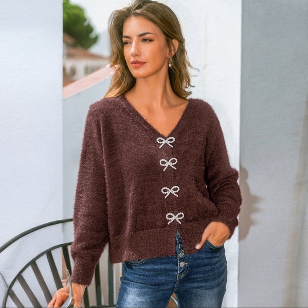 Women's Cozy Bow-Adorned Cardigan Sweater - Cupshe-L-Brown - Picture 4 of 12
